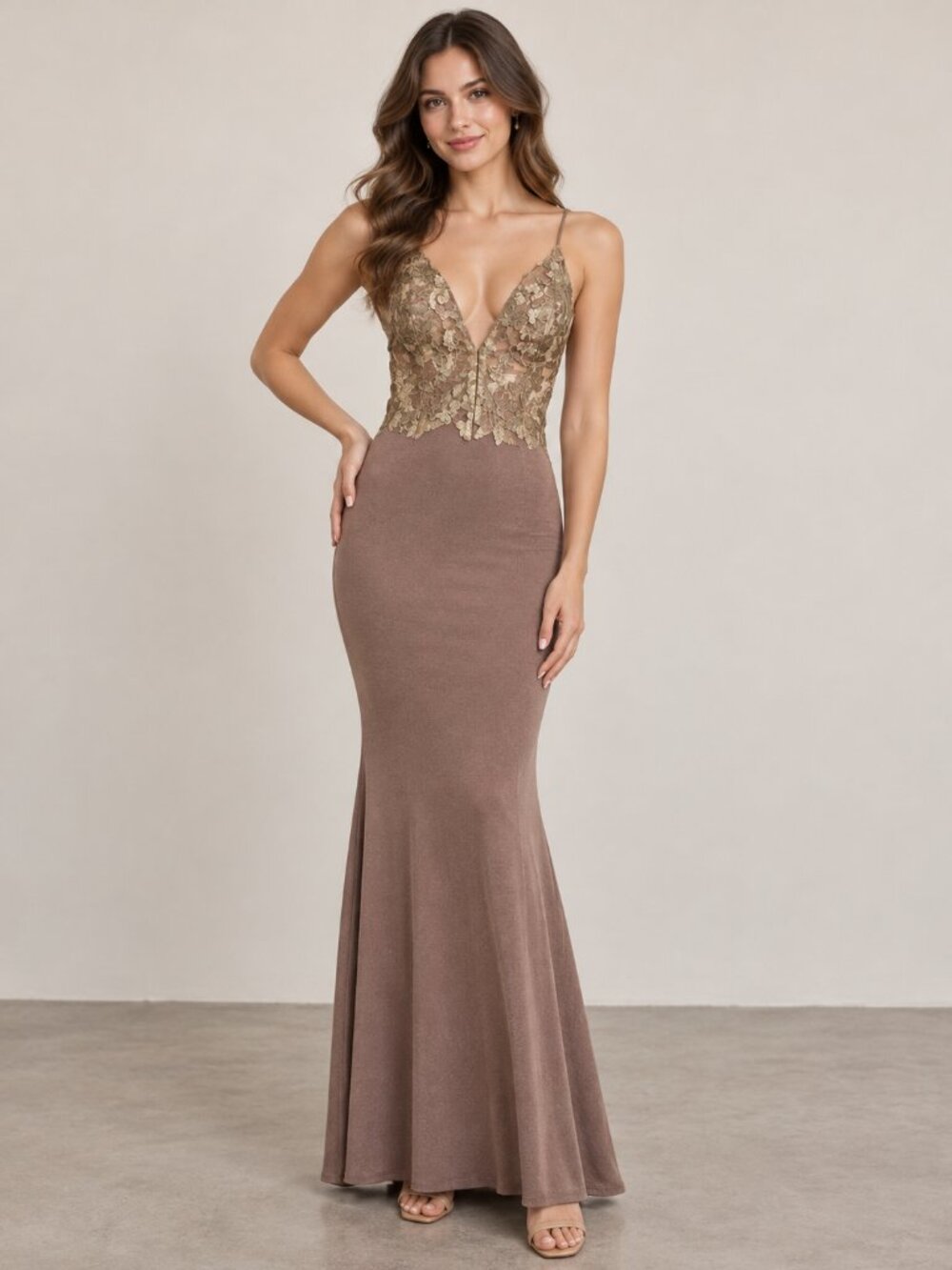 Abyss by Abby Stella Backless Mermaid Gown Taupe Gold Lace Ruched Back NWT Small